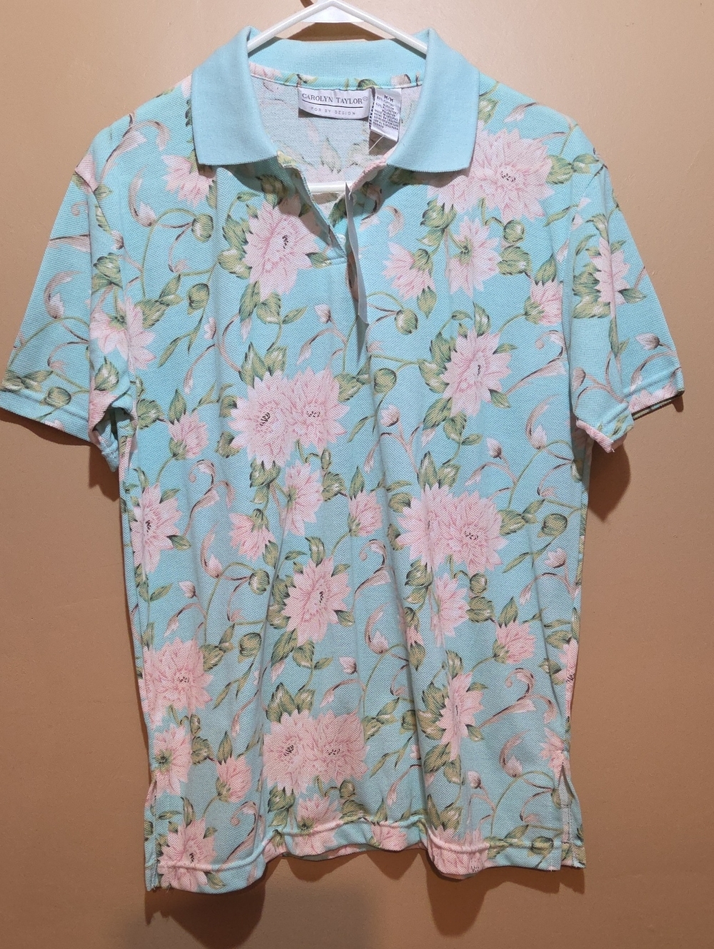 Carolyn Taylor Light Mint Polo with Pink Floral Print Size M